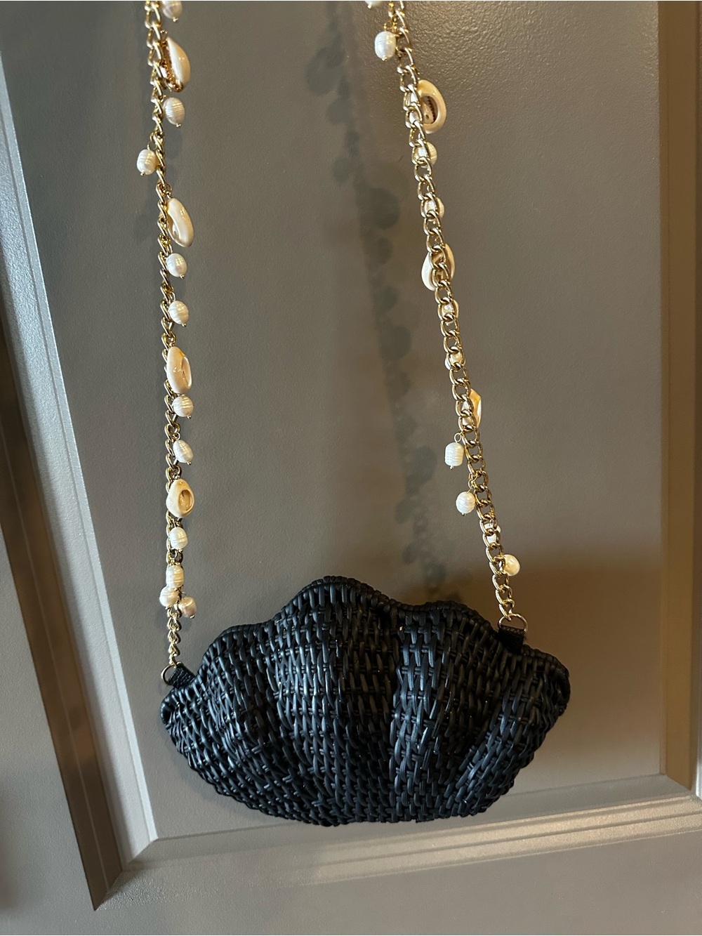 Black Woven Shell Crossbody Bag with Gold Shell-Accent Chain - Picture 7 of 7